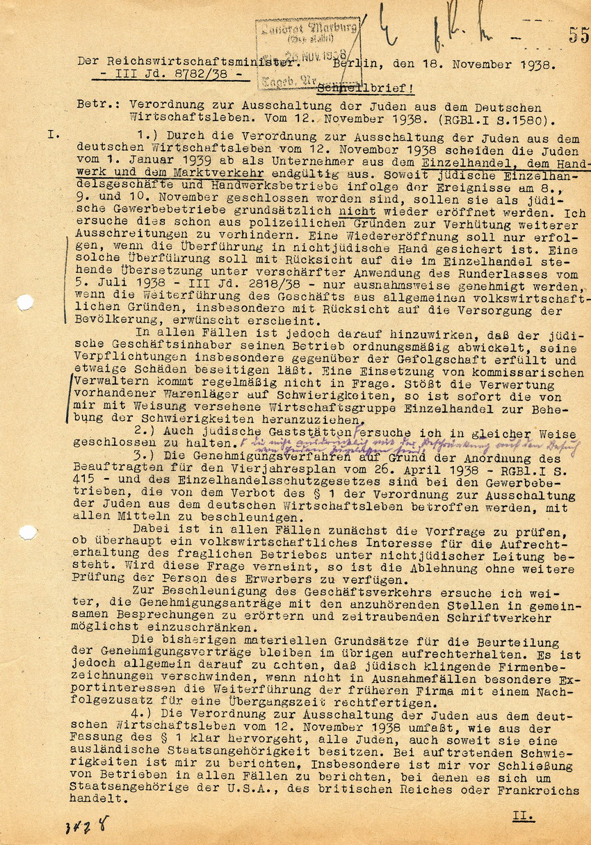 Reichswirtschaftsminister an die Regierungspräsidenten betreffend die Verordnung zur Ausschaltung der Juden aus dem deutschen Wirtschaftsleben vom 12. November 1938 (RGBL. I S. 1580). Berlin, 18. November 1938