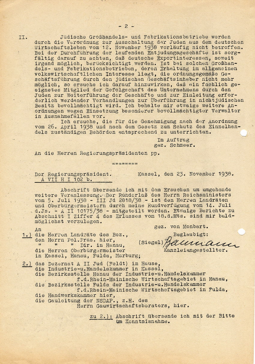 Reichswirtschaftsminister an die Regierungspräsidenten betreffend die Verordnung zur Ausschaltung der Juden aus dem deutschen Wirtschaftsleben vom 12. November 1938 (RGBL. I S. 1580). Berlin, 18. November 1938