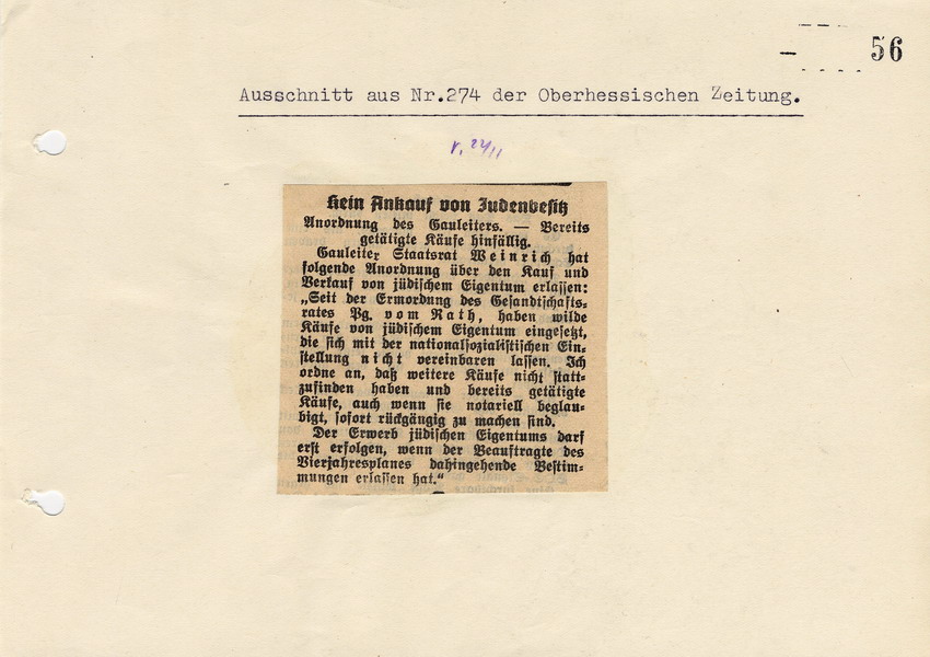 Ausschnitt aus der Oberhessischen Zeitung Nr. 274 betreffend den An- und Verkauf von jüdischem Eigentum. Datum nicht bekannt (Mitte November 1938)