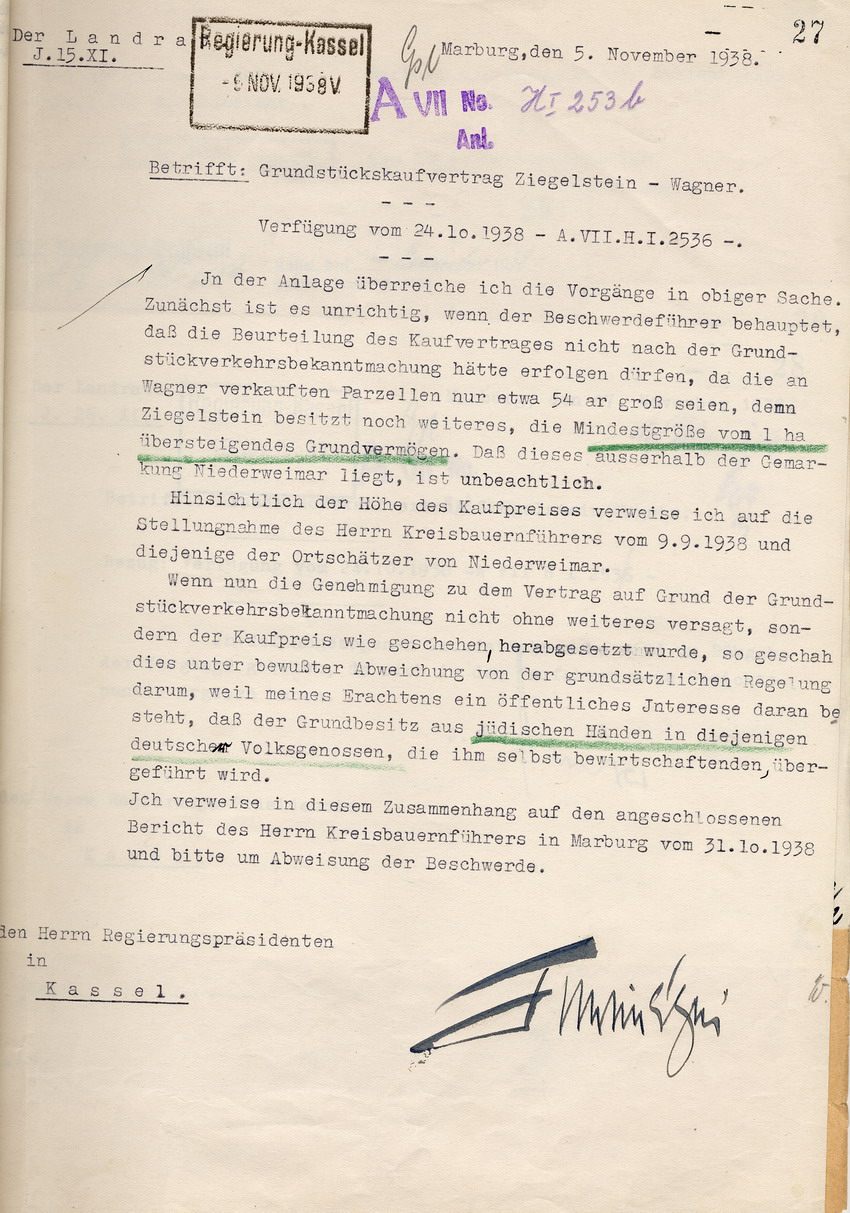 Der Marburger Landrat an den Regierungspräsidenten in Kassel betreffend den Grundstückskaufvertrag zwischen dem Juden Simon Ziegelstein und Johannes Wagner, Marburg, 05. November 1938