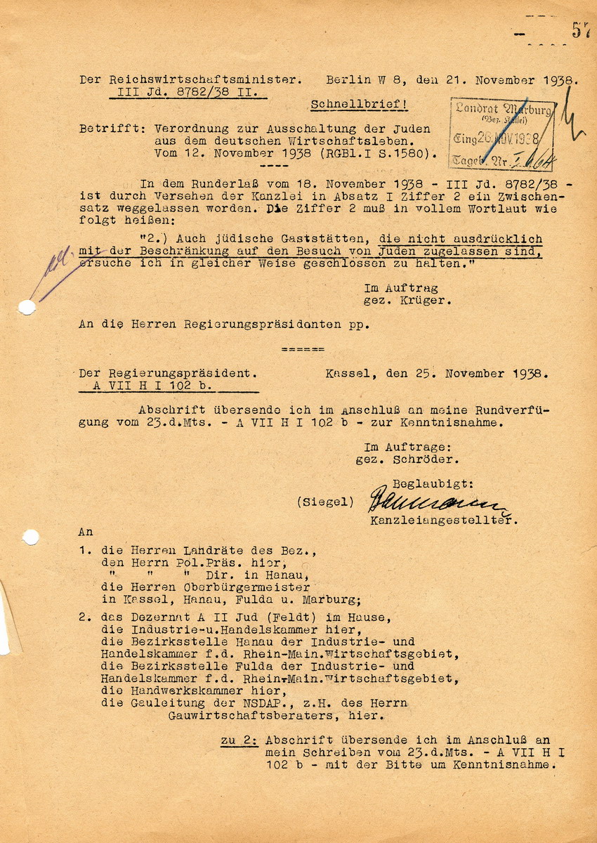 Reichswirtschaftsminister an die Regierungspräsidenten betreffend die "Verordnung zur Ausschaltung der Juden aus dem Deutschen Wirtschaftsleben vom 12. November 1938". Berlin, 21. November 1938