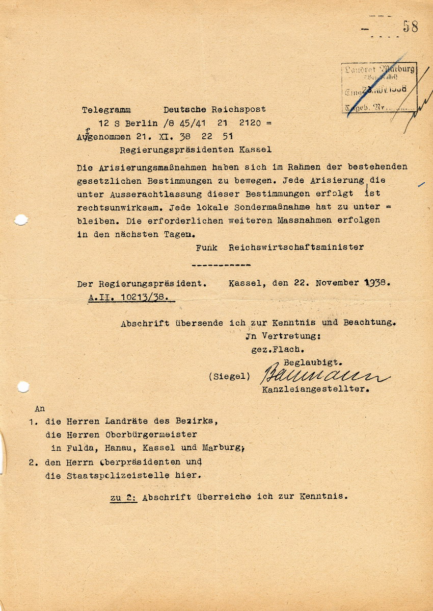 Reichswirtschaftsminister Funk an den Regierungspräsidenten in Kassel betreffend die Arisierungsmaßnahmen. Berlin, 21. November 1938