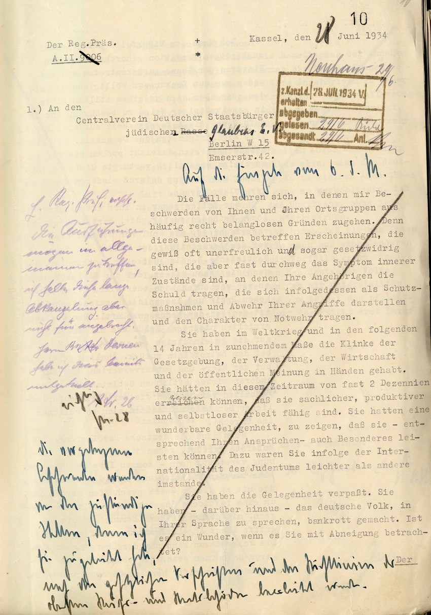 Antwortschreiben des Regierungsrates Dernen an den Cenralverein Deutscher Staatsbürger jüdischen Glaubens in Berlin wegen von diesem eingereichten Beschwerden, 28. Juni 1934.