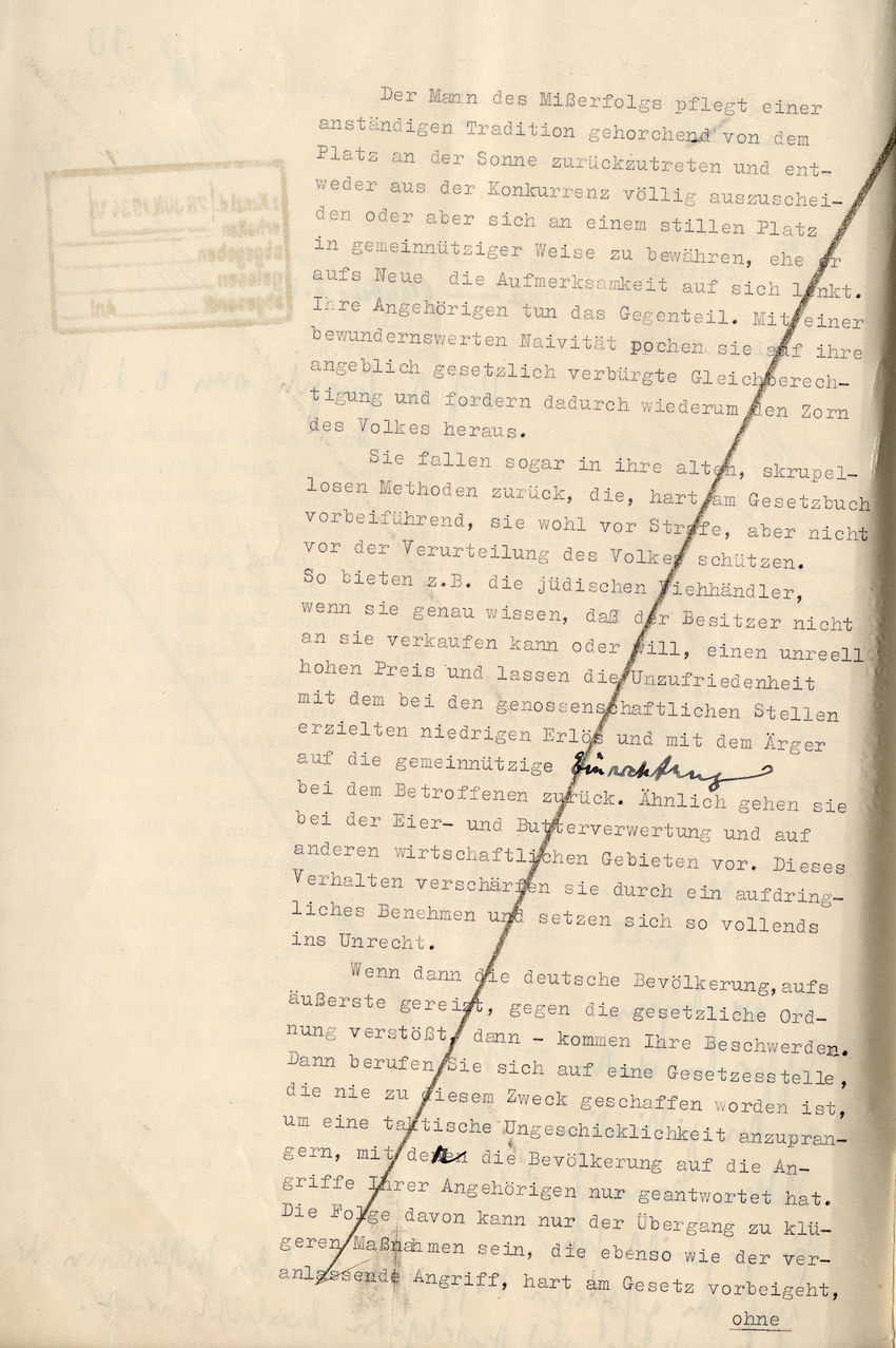 Antwortschreiben des Regierungsrates Dernen an den Cenralverein Deutscher Staatsbürger jüdischen Glaubens in Berlin wegen von diesem eingereichten Beschwerden, 28. Juni 1934.