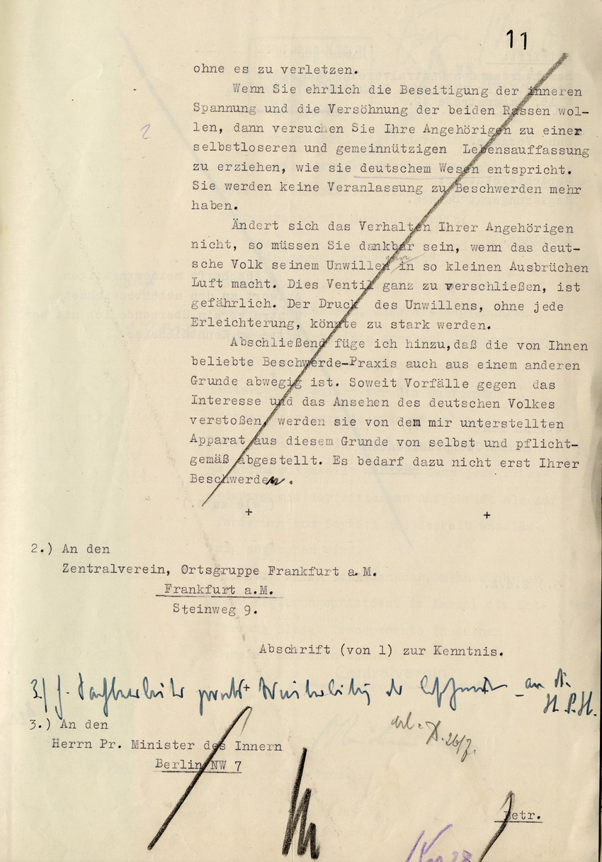 Antwortschreiben des Regierungsrates Dernen an den Cenralverein Deutscher Staatsbürger jüdischen Glaubens in Berlin wegen von diesem eingereichten Beschwerden, 28. Juni 1934.