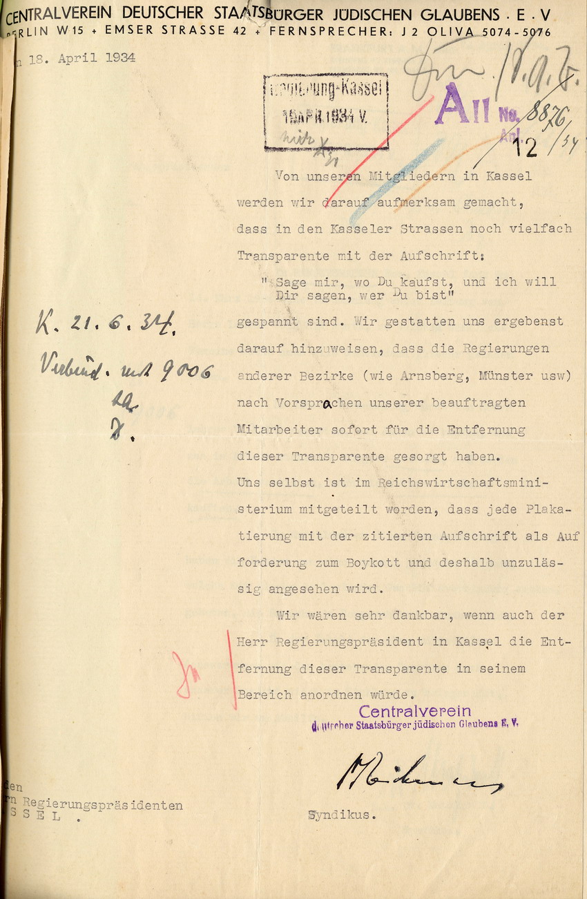 Schreiben des Cenralverein Deutscher Staatsbürger jüdischen Glaubens an den Regierungspräsidenten in Kassel mit der Bitte Transparente in Kassel zu entfernen, 18. April 1934.