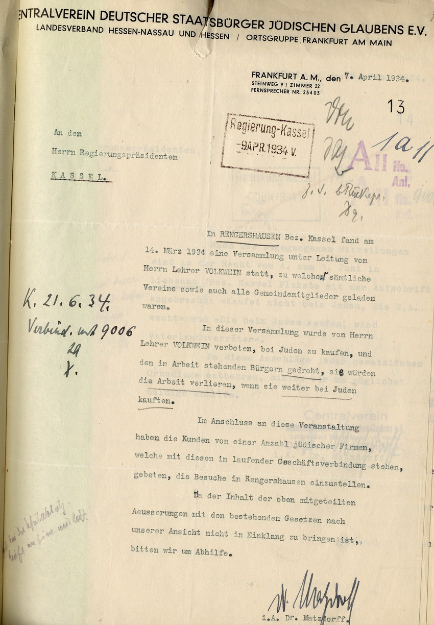 Schreiben der Ortsgruppe Frankfurt am Main des Cenralvereins  an den Regierungspräsidenten in Kassel betr. eine Versammlung in Rengershausen, Bezirk Kassel, in der ein Kaufverbot bei jüdischen Geschäften ausgesprochen wurde, 07. April 1934.