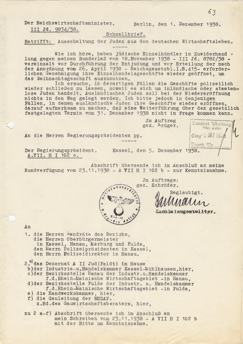 Reichswirtschaftsminister Funk an die Regierungspräsidenten betreffend die Ausschaltung der Juden aus dem Wirtschaftsleben, Berlin 01. Dezember 1938
