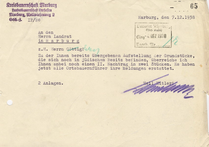 Kreisbauernschaft Marburg an den Landrat in Marburg betreffend die Aufstellung über Grundstücke, die sich noch im Besitz von Juden befinden. Marburg,. 07. Dezember 1938
