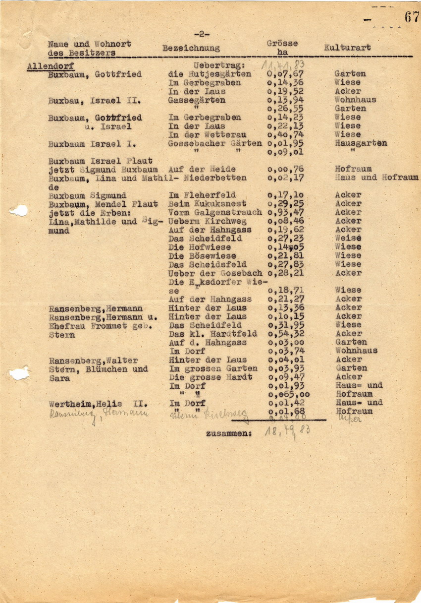 Kreisbauernschaft Marburg an den Landrat in Marburg betreffend die Aufstellung über Grundstücke, die sich noch im Besitz von Juden befinden. Marburg,. 07. Dezember 1938