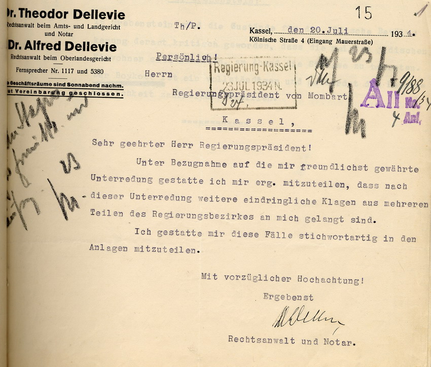 Schreiben des Rechtsanwalts Theodor Dellevie an den Regierungspräsidenten in Kassel; von Mombart, betr. antijüdische Vorfälle im Regierungsbezirk Kassel, 20. Juli 1934