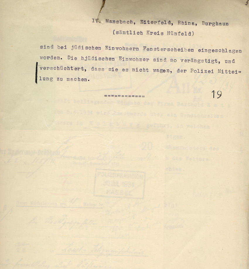 Schreiben des Rechtsanwalts Theodor Dellevie an den Regierungspräsidenten in Kassel; von Mombart, betr. antijüdische Vorfälle im Regierungsbezirk Kassel, 20. Juli 1934