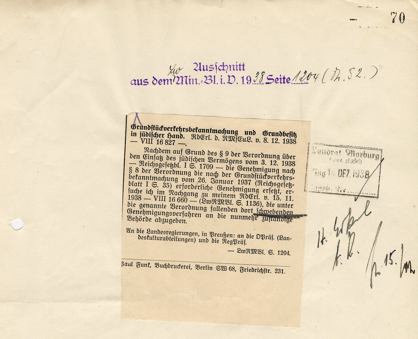 "Grundstückverkehrsbekanntmachung und Grundbesitz in jüdischer Hand". Runderlass des Reichsministers für Ernährung und Landwirtschaft an die Landesregierungen in Preußen und die Regierungspräsidenten. 08. Dezember 1938