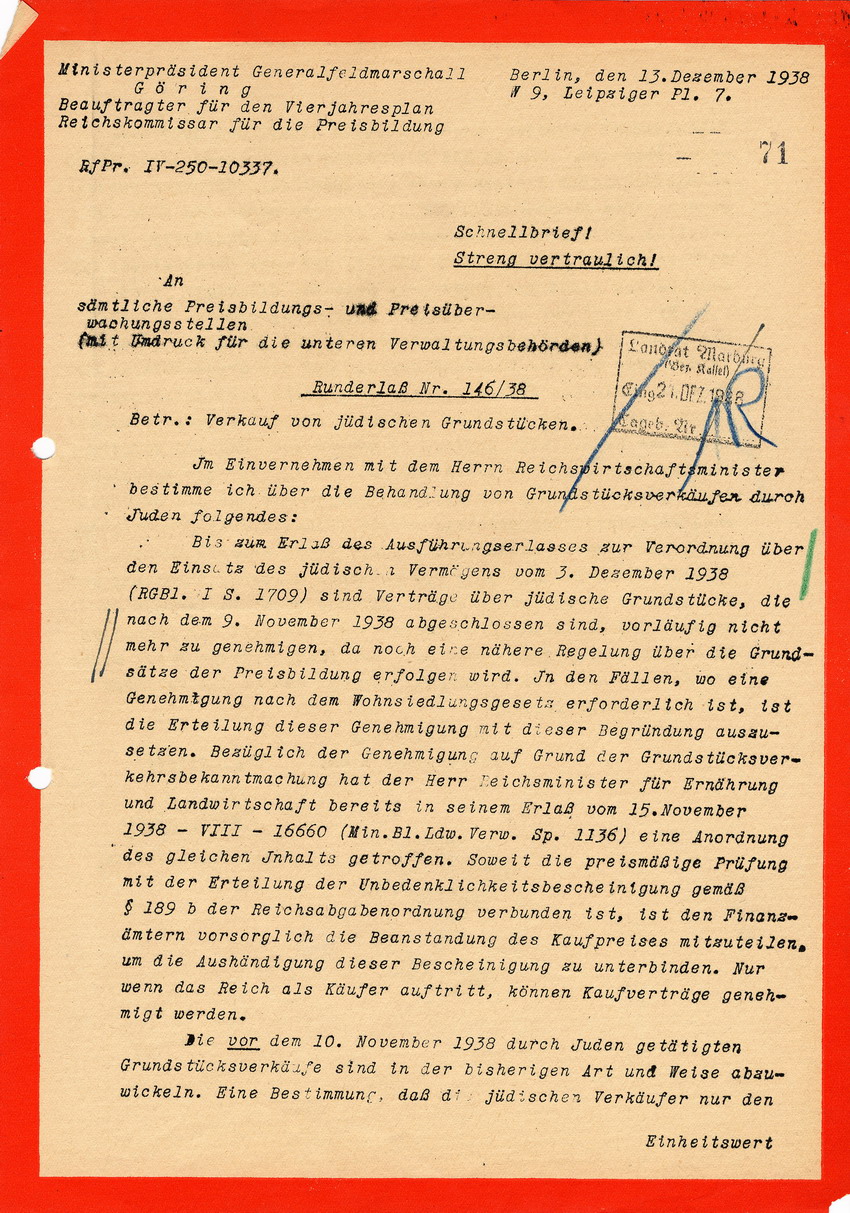 Streng vertraulicher Schnellbrief des Beauftragten für den Vierjahresplan Göring an die Preisbildungs- und Preisüberwachungsstellen. Berlin, 13. Dezember 1938