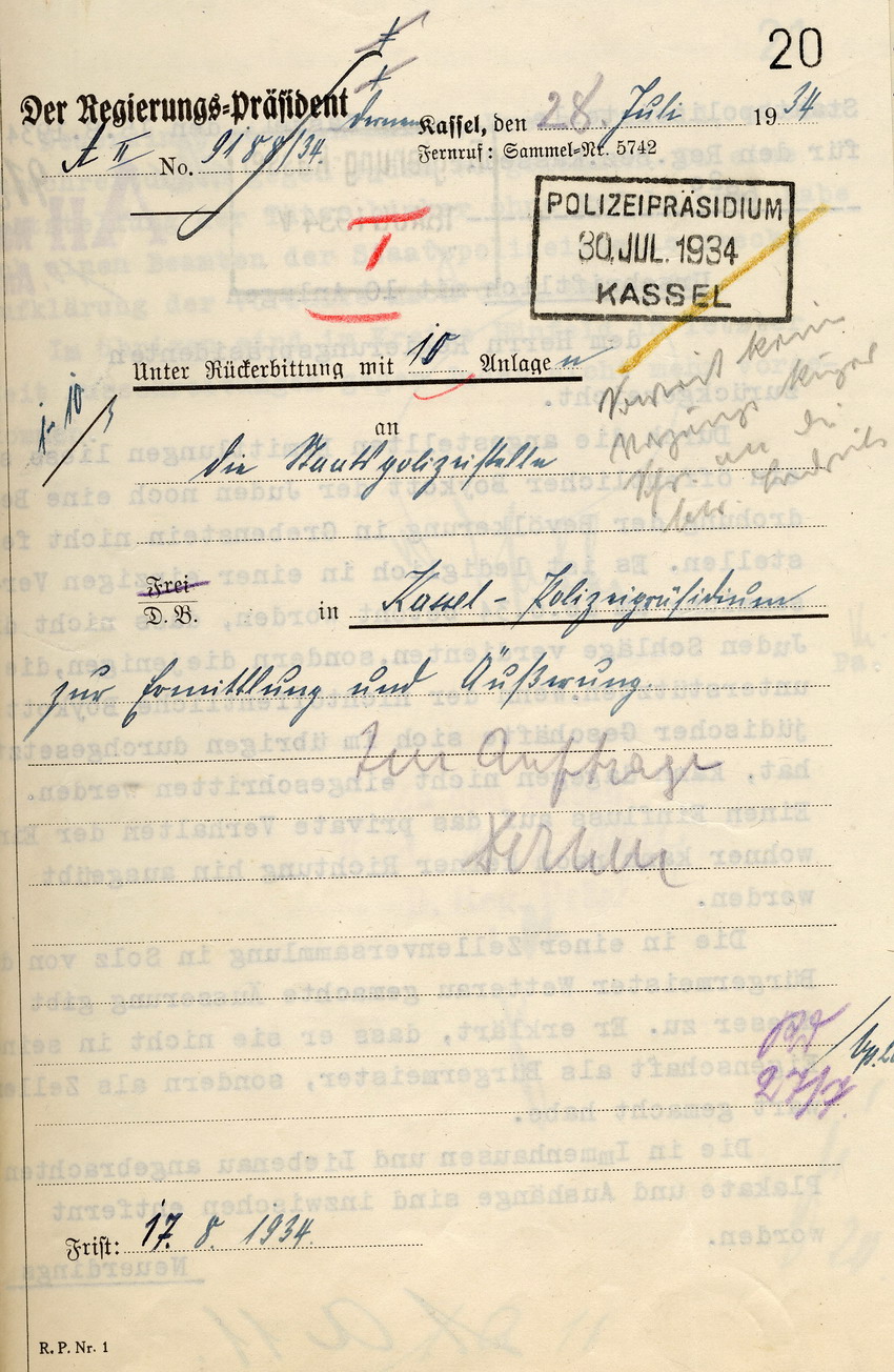 Schreiben des Regierungspräsidenten von Kassel an die Staatspolizeistellen, 28. Juli 1934.