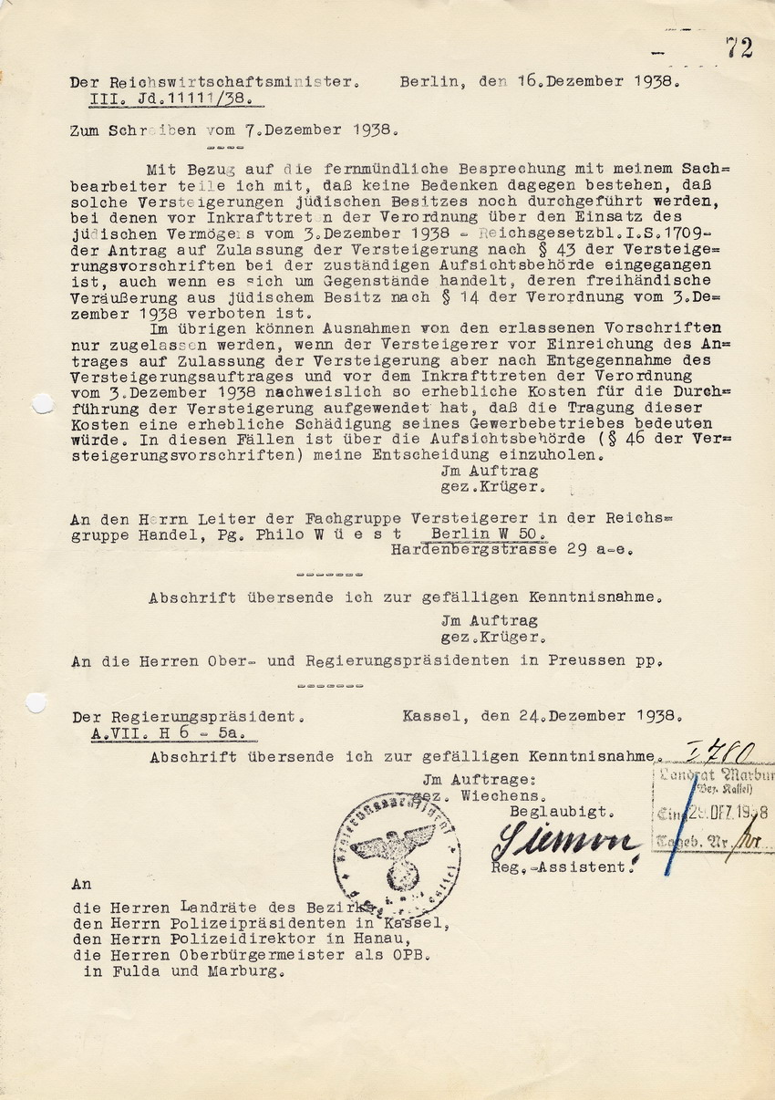 Reichswirtschaftsminister an den Leiter der Fachgruppe Versteigerer in der Reichsgruppe Handel, Parteigenosse Philo Wüest, betreffend die Versteigerungen jüdischen Besitzes im Kontext des RGBl. I. S. 1709. Berlin, 16. Dezember 1938