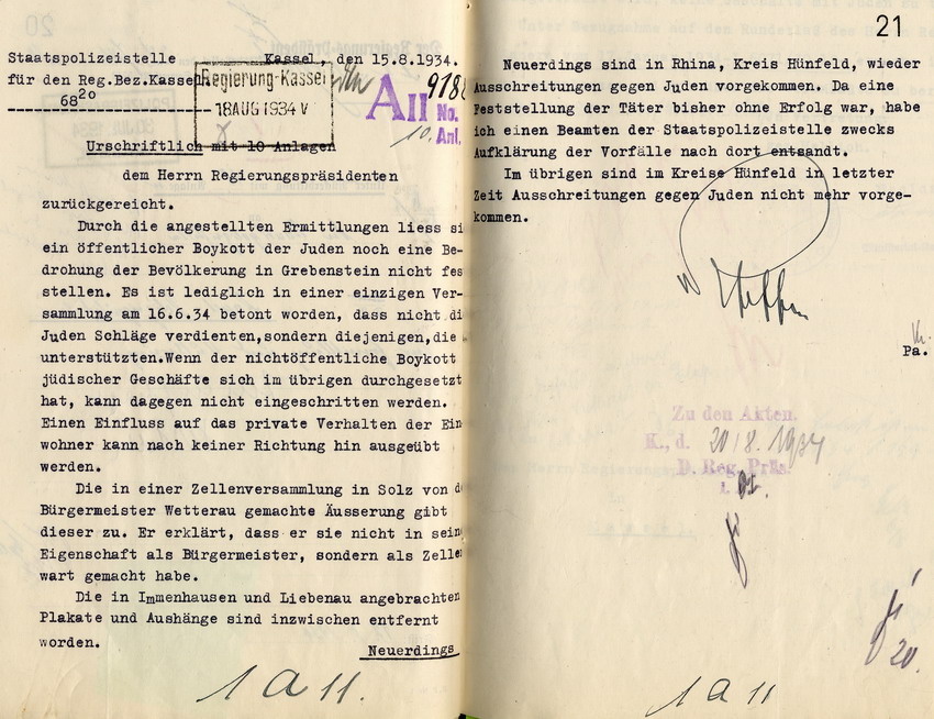 Antwortschreiben der Staatspolizeistelle für den Regierungsbezirk Kassel an den Regierungspräsidenten in Kassel betr. die Untersuchung antijüdischer Vorfälle, 15. August 1934.