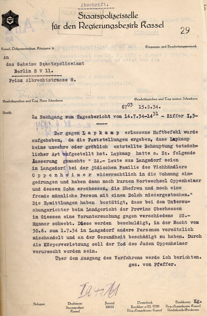 Schreiben der Staatspolizeistelle für den Regierungsbezirk Kassel an das Geheime Staatspolizeiamt in Berlin betr. die Untersuchung eines wahrscheinlich von SA - Männern begangenen Mordes an einem jüdischen Viehhändler, 15. September 1934.