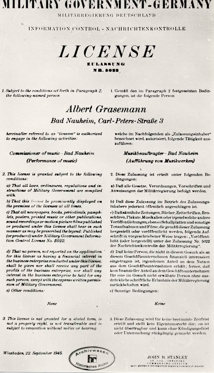 Bild zum Dokument Lizenz: für Albert Grasemann in Bad Nauheim als Musikbeauftrag