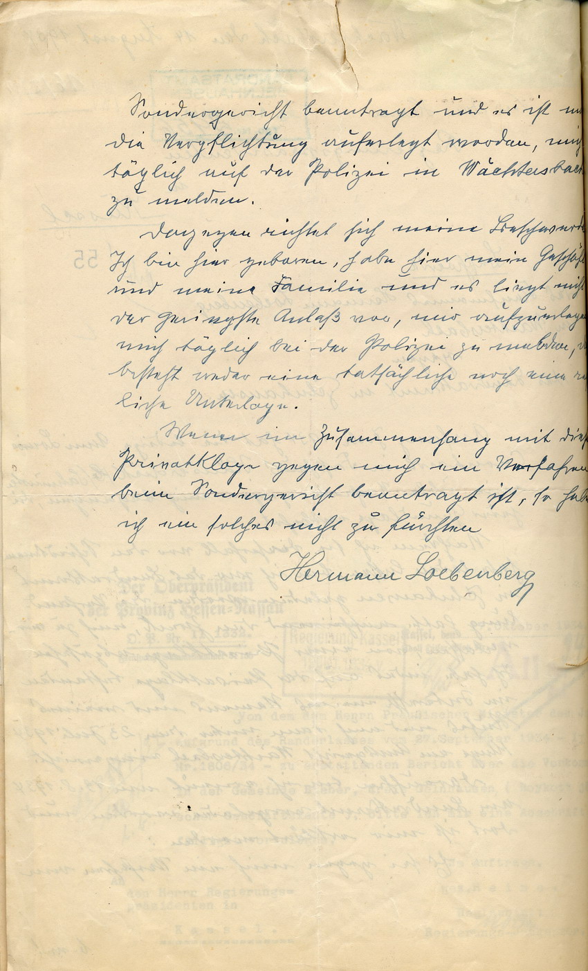 Beschwerde des jüdischen Kaufmanns Loebenberg in Wächtersbach an den Regierungspräsidenten in Kassel wegen Verleumdung durch seine Kundin Cronhardt, eingegangen im Landratsamt Gelnhausen, 14. August 1934.