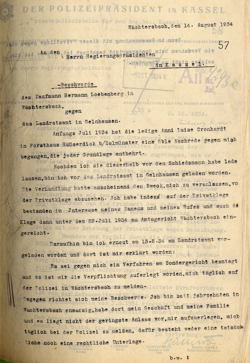 Beschwerdeschreiben des jüdischen Kaufmanns  Loebenberg in Wächtersbach an den Regierungspräsidenten in Kassel wegen Verleumdung durch die Kundin Cronhardt, 14. August 1934.