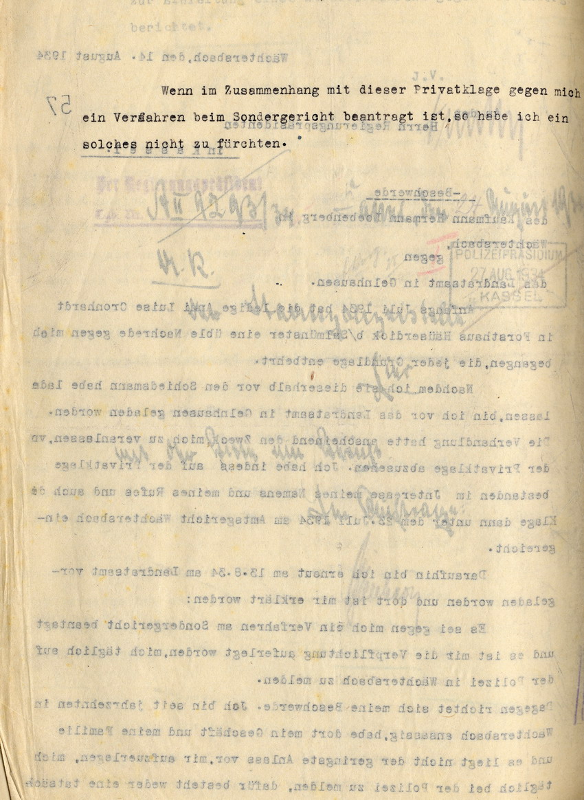 Beschwerdeschreiben des jüdischen Kaufmanns  Loebenberg in Wächtersbach an den Regierungspräsidenten in Kassel wegen Verleumdung durch die Kundin Cronhardt, 14. August 1934.