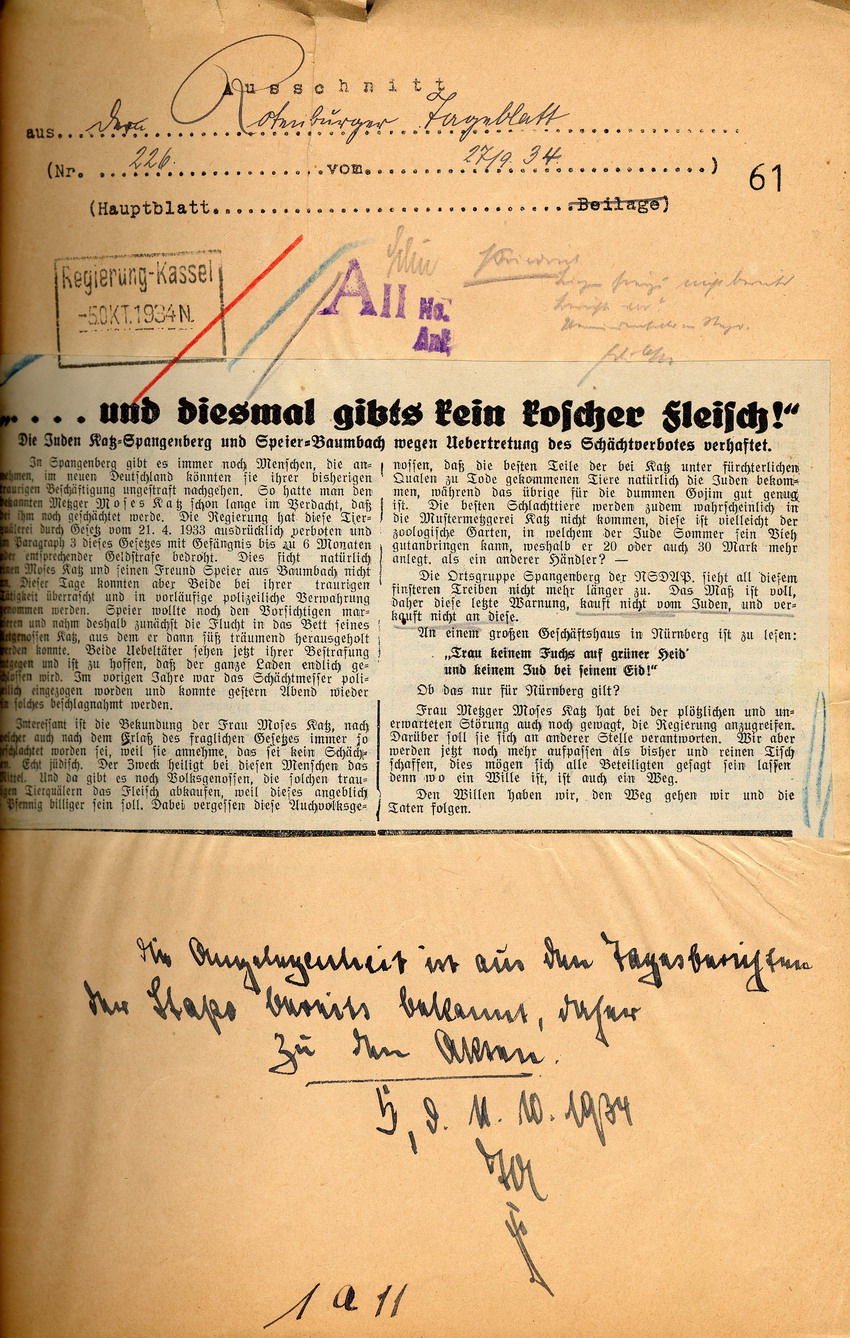 Ausschnitt aus dem Rothenburger Tageblatt betr. die Verhaftung des jüdischen Metztgers Katz wegen Übertretung des Schächtverbots, 27. September 1934.