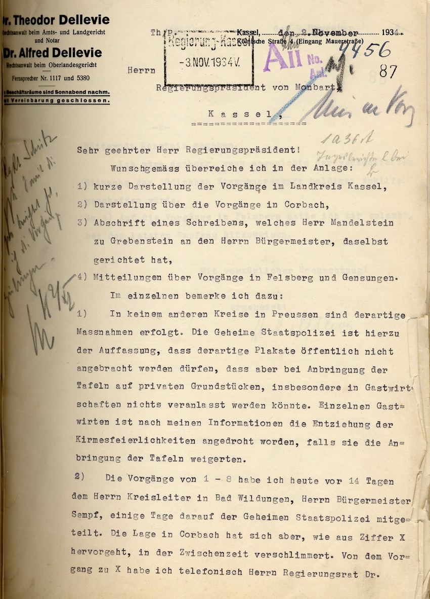 Schreiben des RA Dellevie an den Reg. Prä. in Kassel mit Auflistungen betreffend u.a.  Ausgrenzungen von Juden im LK Kassel,  in Corbach sowie Beschädigungen jüdischer Einrichtungen in Gensungen - Felsberg und Rhina, 02. November 1934.