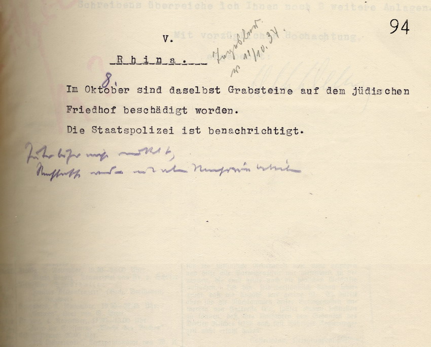 Schreiben des RA Dellevie an den Reg. Prä. in Kassel mit Auflistungen betreffend u.a.  Ausgrenzungen von Juden im LK Kassel,  in Corbach sowie Beschädigungen jüdischer Einrichtungen in Gensungen - Felsberg und Rhina, 02. November 1934.