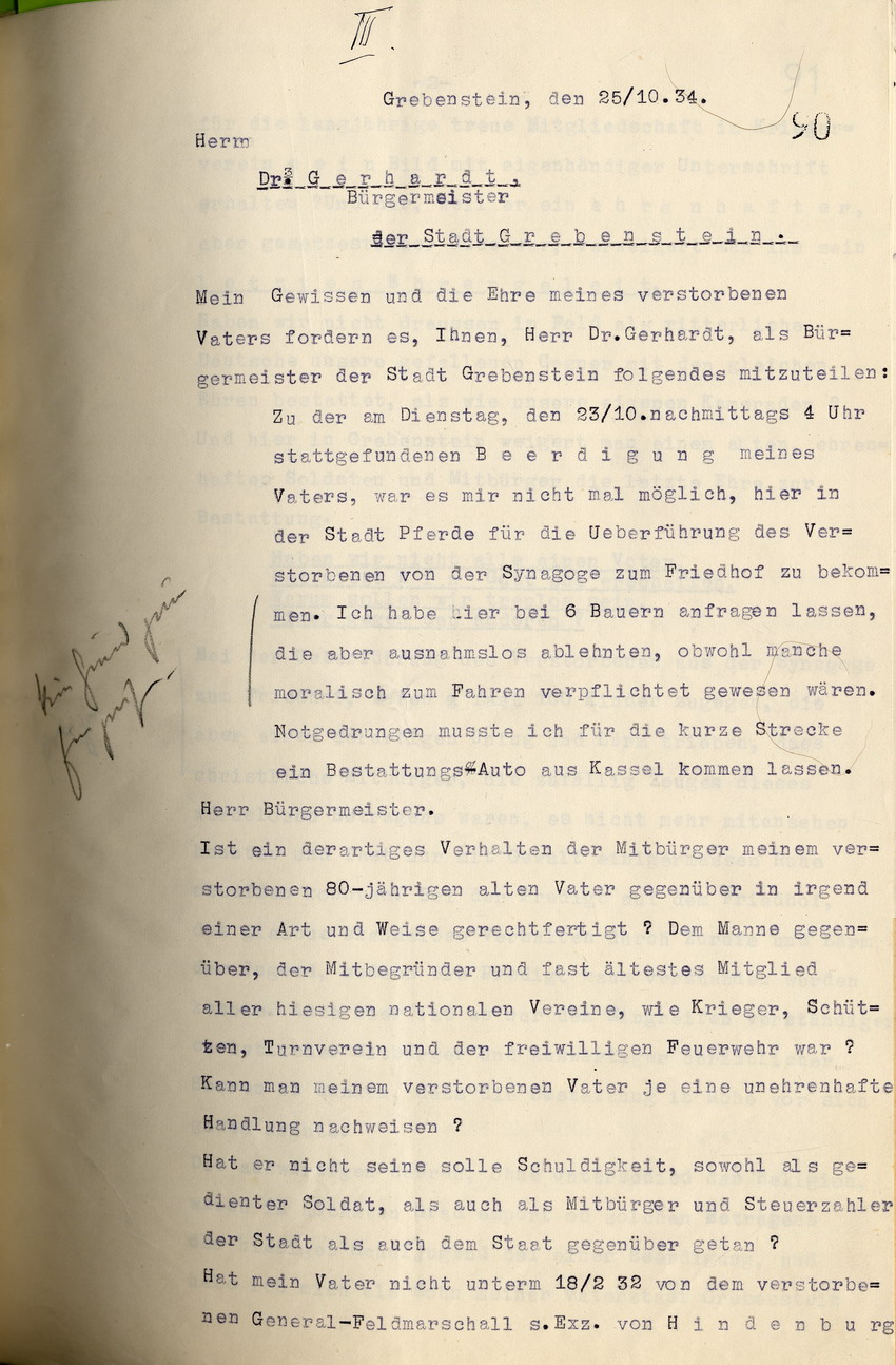 Schreiben des RA Dellevie an den Reg. Prä. in Kassel mit Auflistungen betreffend u.a.  Ausgrenzungen von Juden im LK Kassel,  in Corbach sowie Beschädigungen jüdischer Einrichtungen in Gensungen - Felsberg und Rhina, 02. November 1934.