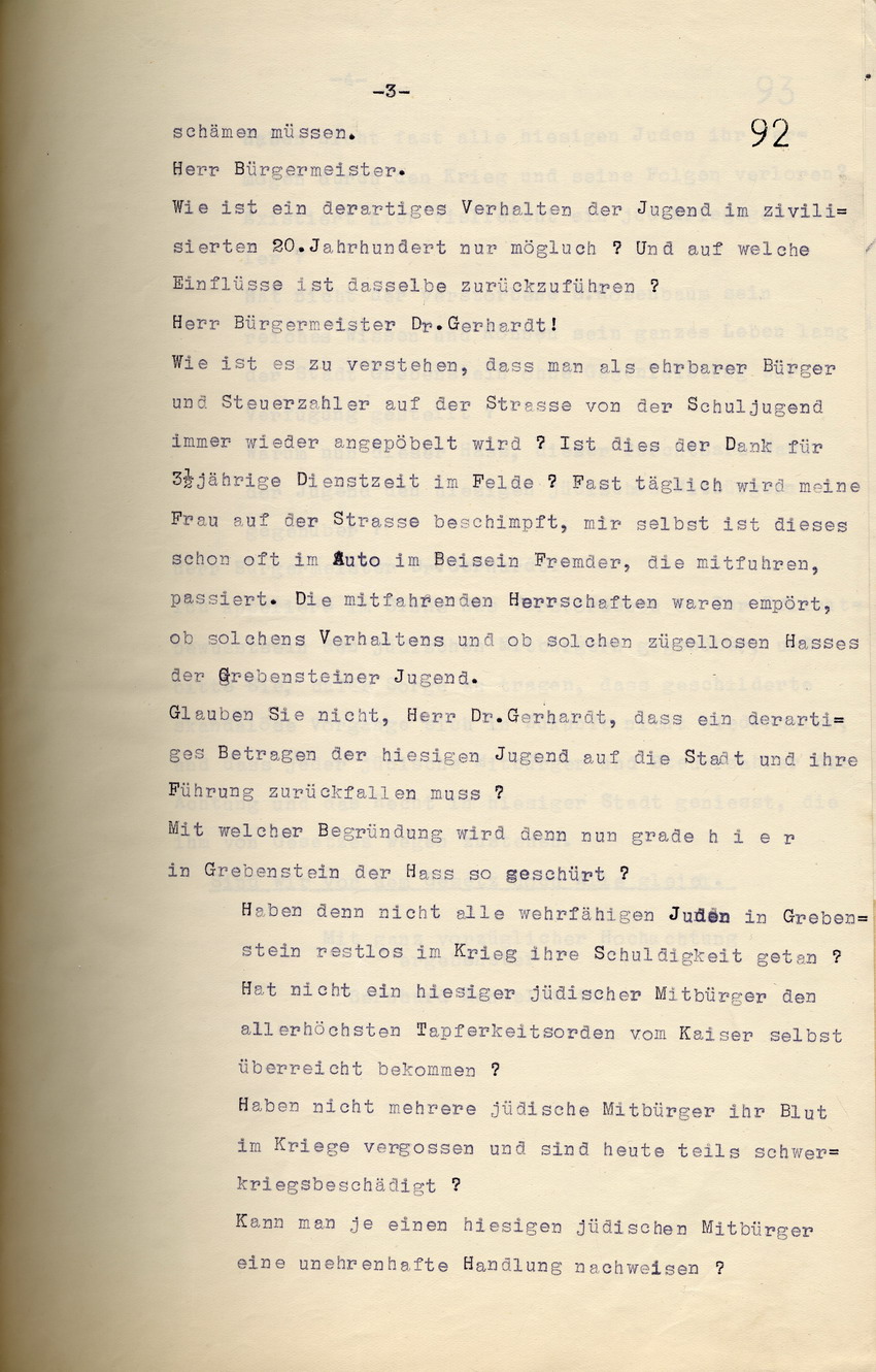Schreiben des RA Dellevie an den Reg. Prä. in Kassel mit Auflistungen betreffend u.a.  Ausgrenzungen von Juden im LK Kassel,  in Corbach sowie Beschädigungen jüdischer Einrichtungen in Gensungen - Felsberg und Rhina, 02. November 1934.