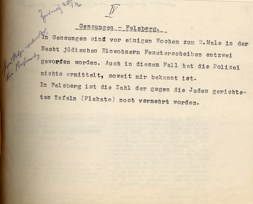 Schreiben des RA Dellevie an den Reg. Prä. in Kassel mit Auflistungen betreffend u.a.  Ausgrenzungen von Juden im LK Kassel,  in Corbach sowie Beschädigungen jüdischer Einrichtungen in Gensungen - Felsberg und Rhina, 02. November 1934.