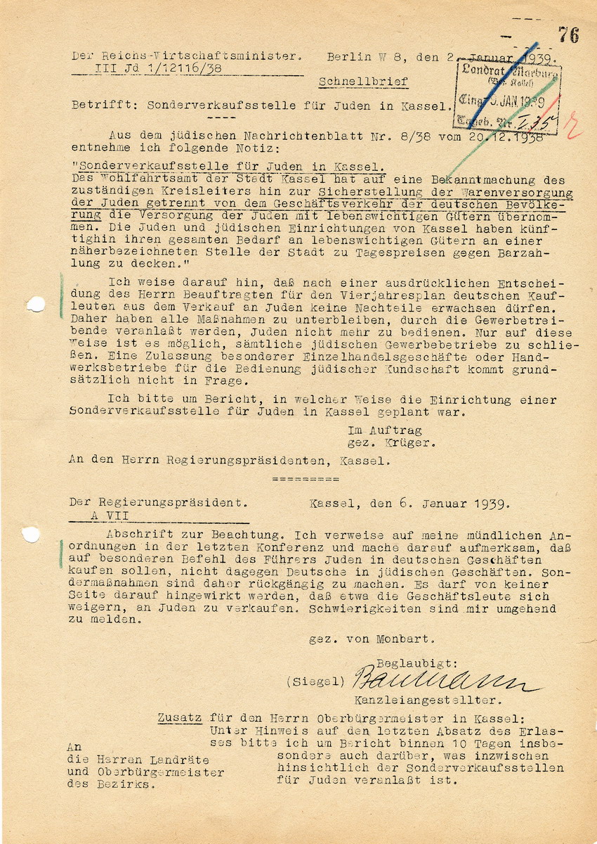 Reichswirtschaftsminister an den Regierungspräsidenten in Kassel betreffend die Sonderverkaufsstelle für Juden in Kassel. Berlin, 02. Januar 1939