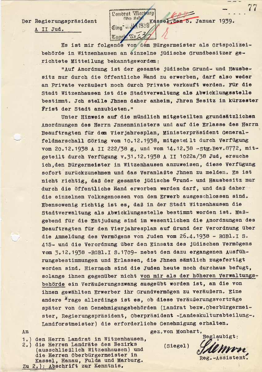 Regierungspräsident in Kassel an verschiedene Landräte betreffend die Entjudung des Grundbesitzes. Kassel, 05. Januar 1939