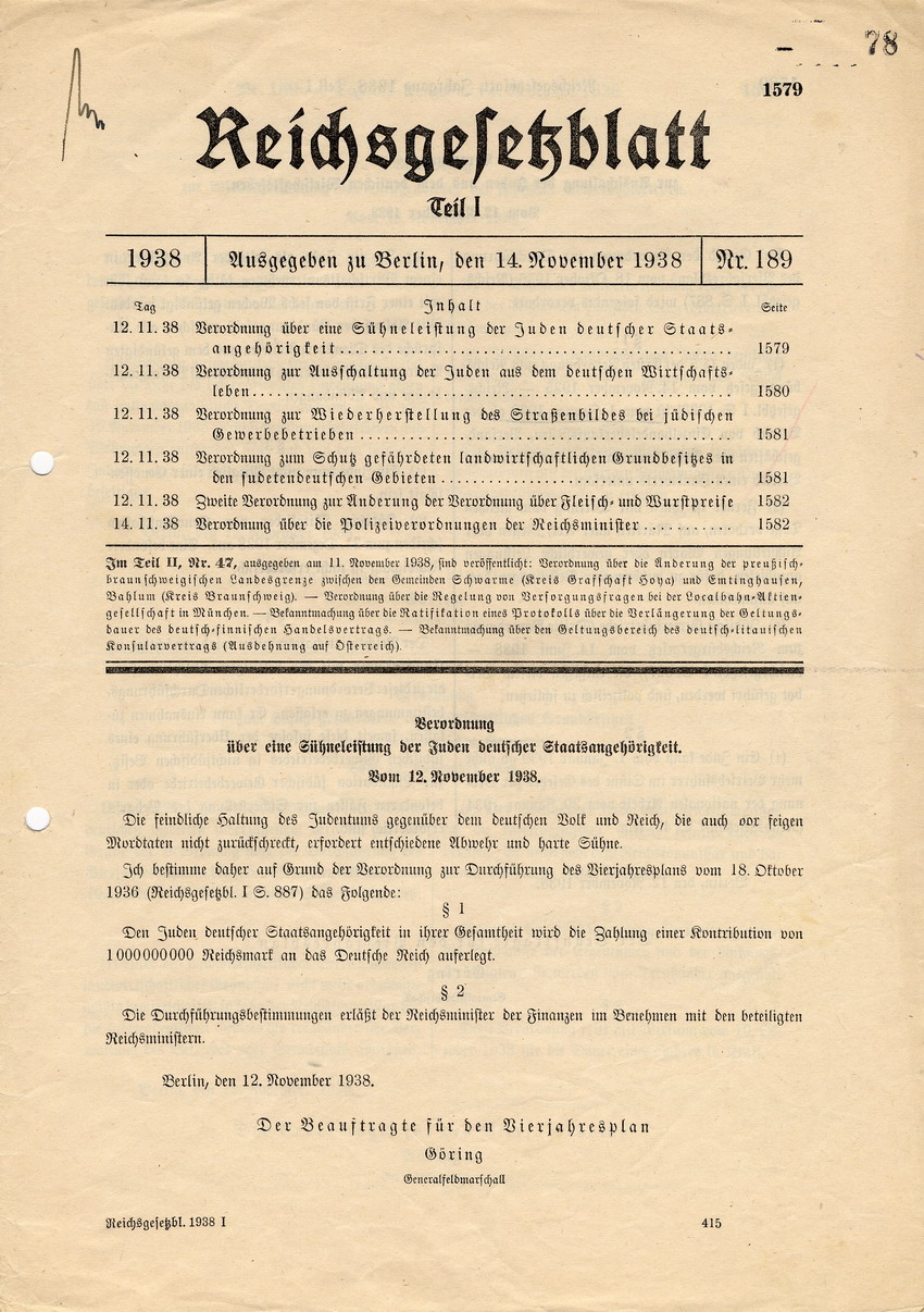 Reichsgesetzblatt Nr. 189, S. 1579 bis 1582, ausgegeben zu Berlin, 14. November 1938.