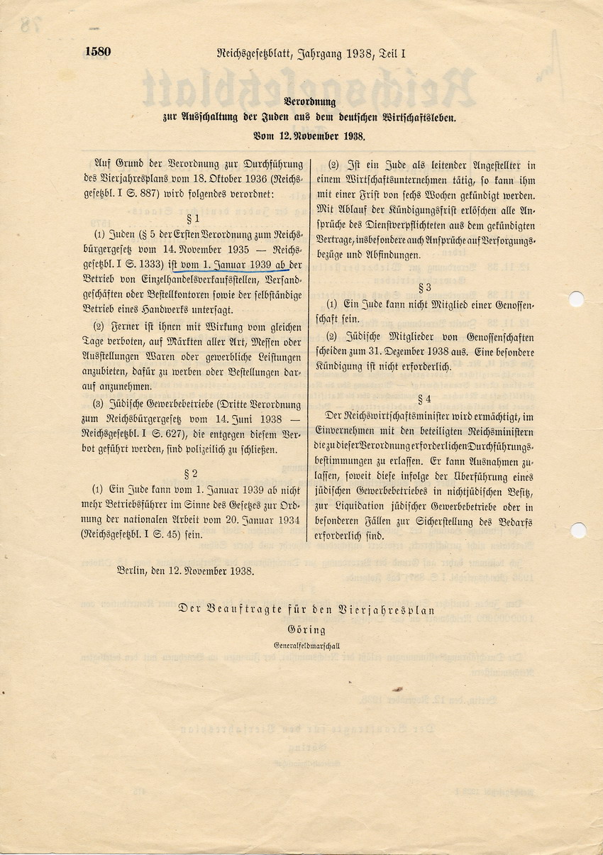 Reichsgesetzblatt Nr. 189, S. 1579 bis 1582, ausgegeben zu Berlin, 14. November 1938.