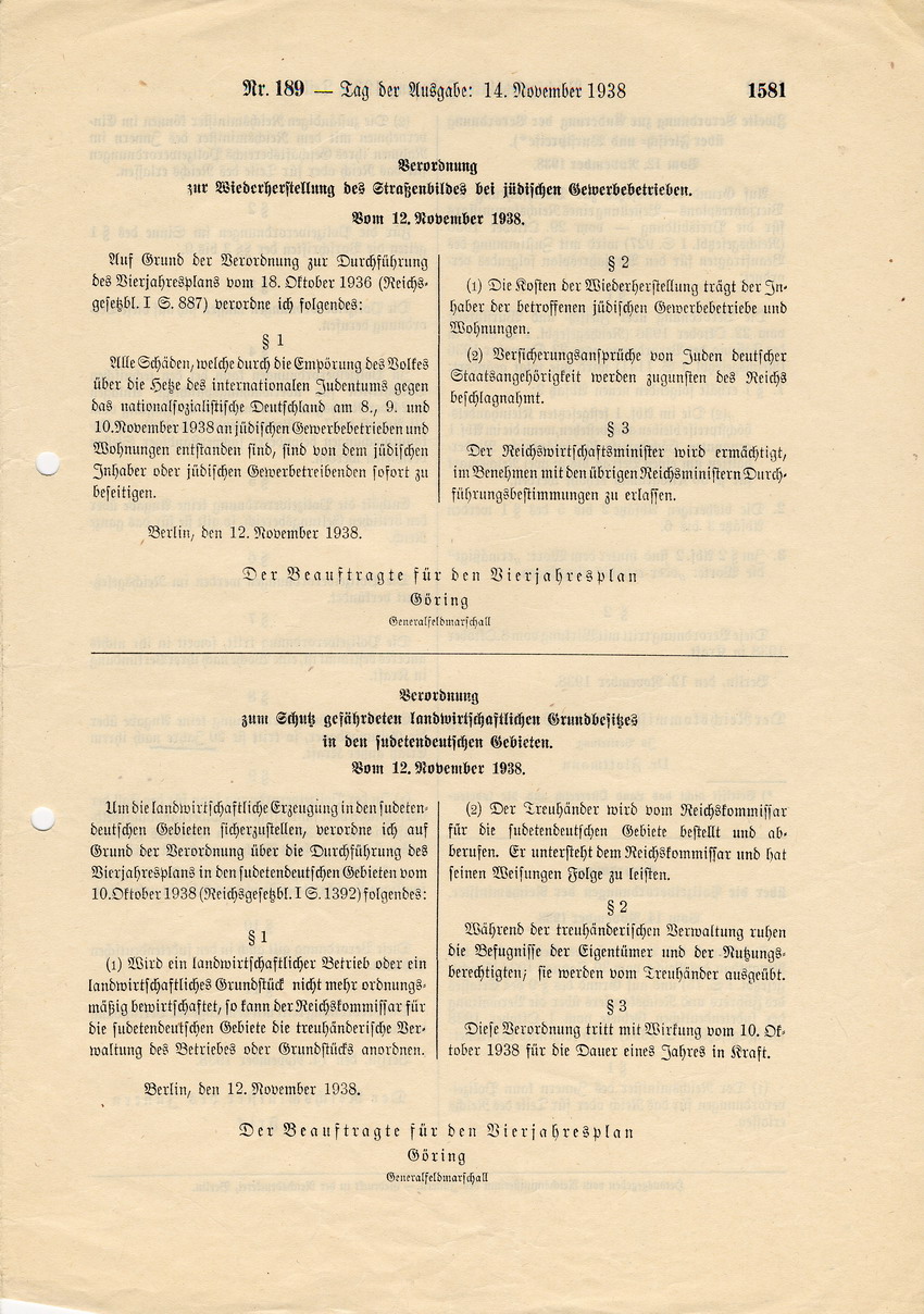 Reichsgesetzblatt Nr. 189, S. 1579 bis 1582, ausgegeben zu Berlin, 14. November 1938.
