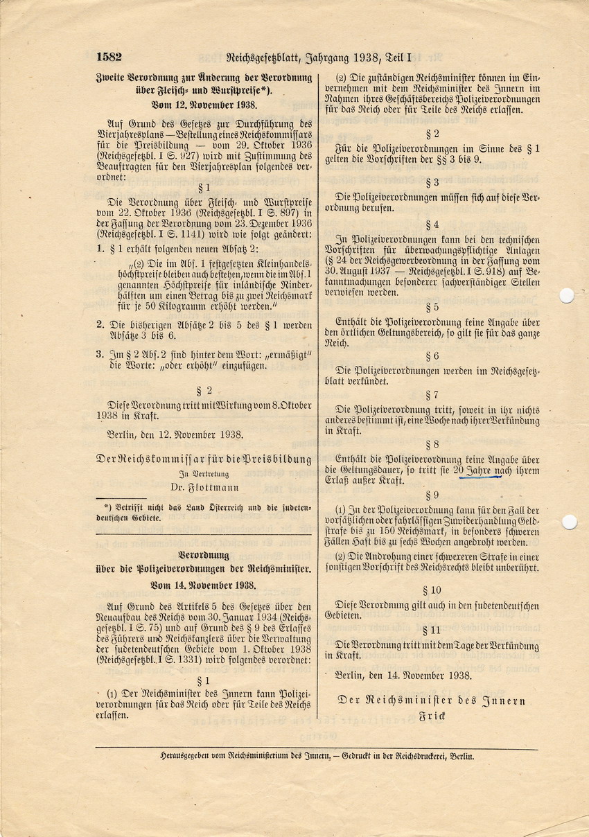 Reichsgesetzblatt Nr. 189, S. 1579 bis 1582, ausgegeben zu Berlin, 14. November 1938.