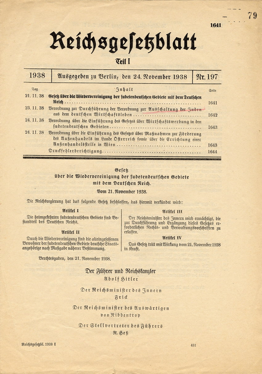 Reichsgesetzblatt Nr. 197, S. 1641 bis 1644, ausgegeben zu Berlin, 24. November 1938