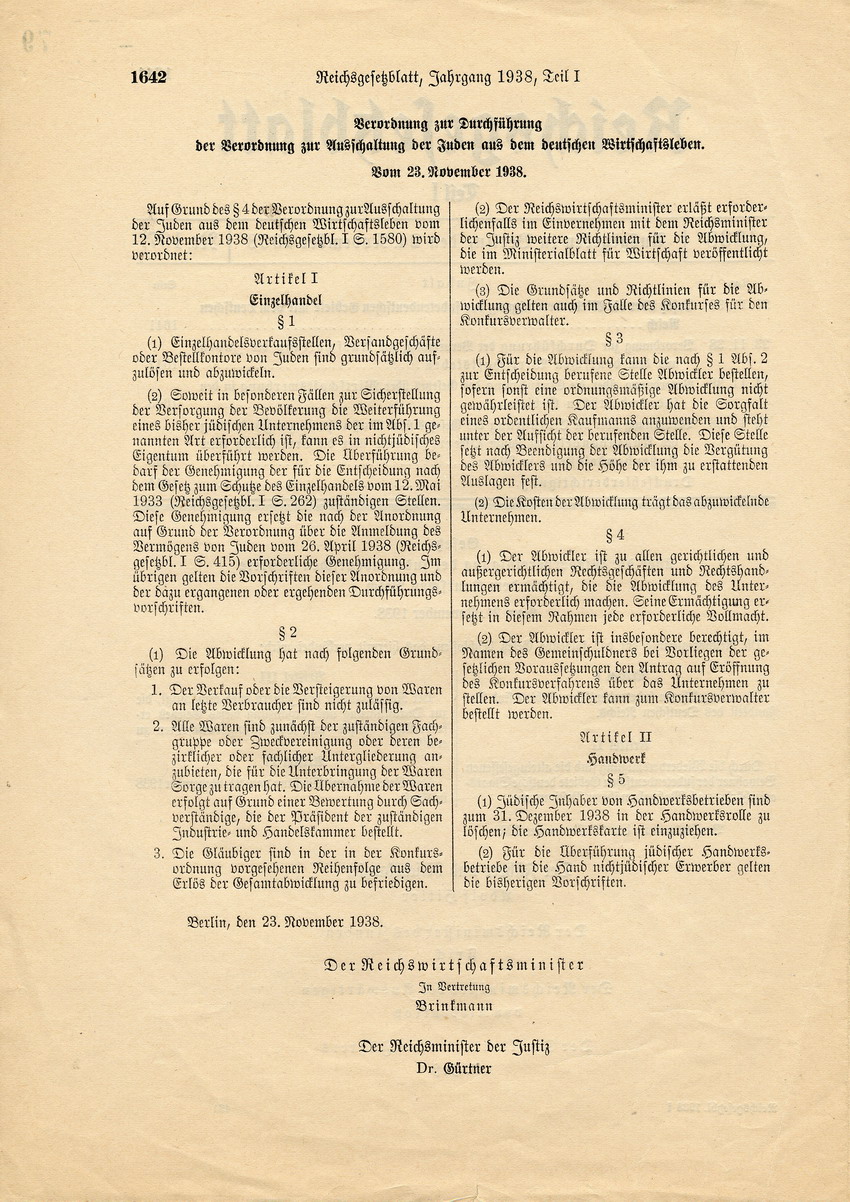Reichsgesetzblatt Nr. 197, S. 1641 bis 1644, ausgegeben zu Berlin, 24. November 1938