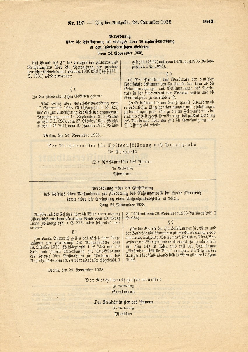 Reichsgesetzblatt Nr. 197, S. 1641 bis 1644, ausgegeben zu Berlin, 24. November 1938