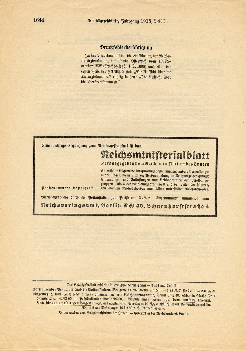 Reichsgesetzblatt Nr. 197, S. 1641 bis 1644, ausgegeben zu Berlin, 24. November 1938