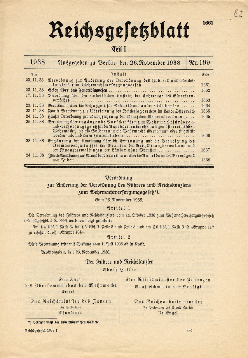 Reichsgesetzblatt Nr. 199, S. 1661 bis 1668, ausgegeben zu Berlin, 26. November 1938