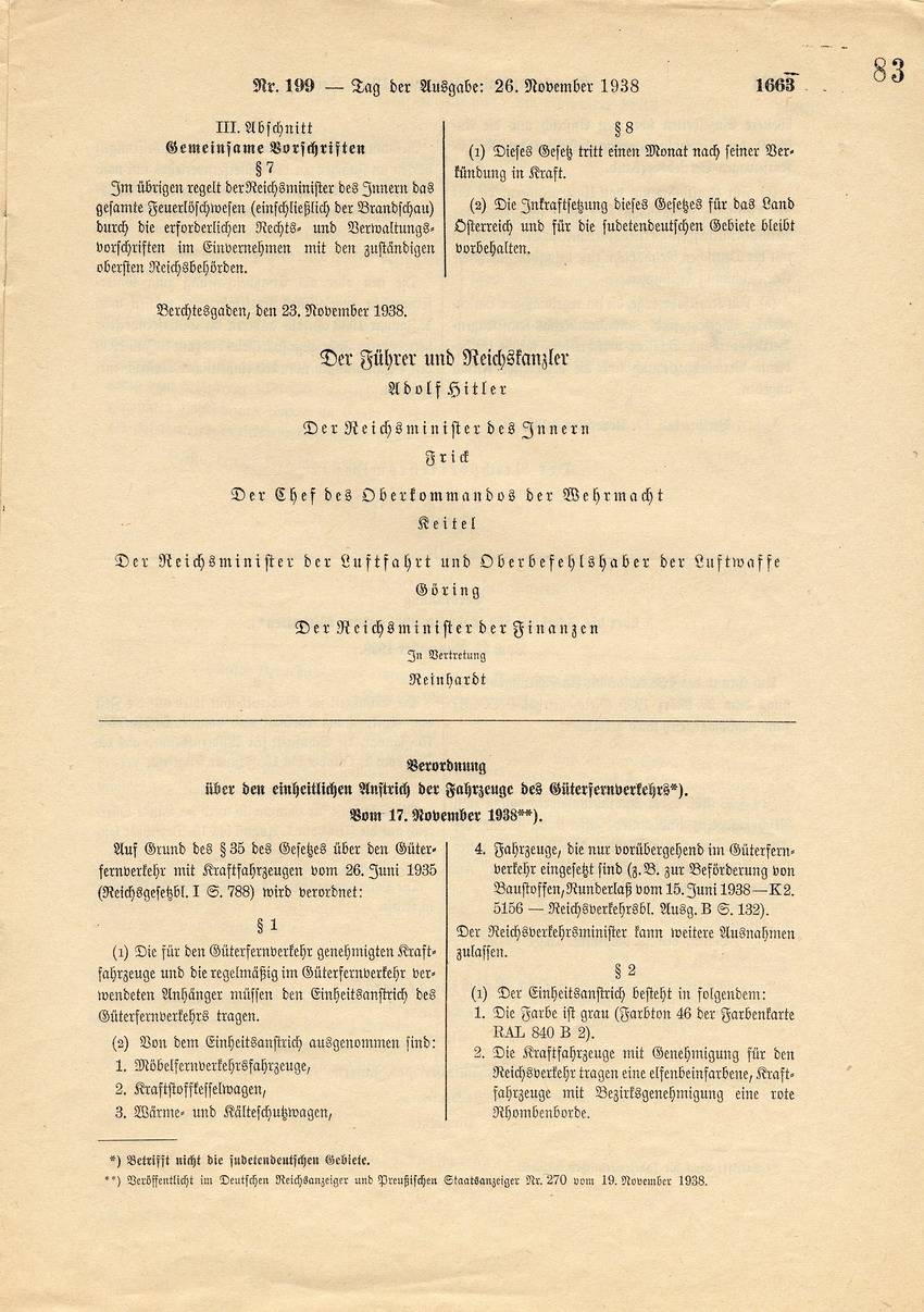 Reichsgesetzblatt Nr. 199, S. 1661 bis 1668, ausgegeben zu Berlin, 26. November 1938