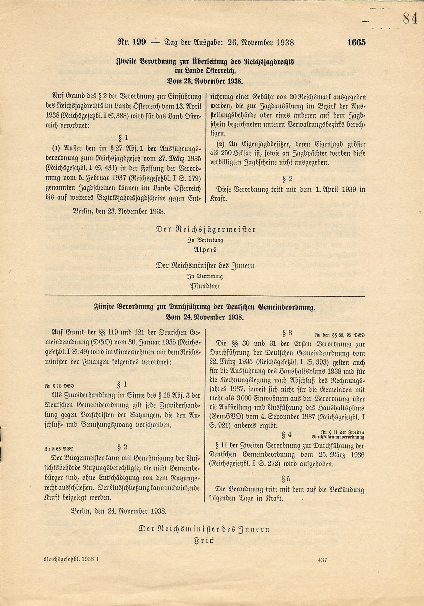 Reichsgesetzblatt Nr. 199, S. 1661 bis 1668, ausgegeben zu Berlin, 26. November 1938