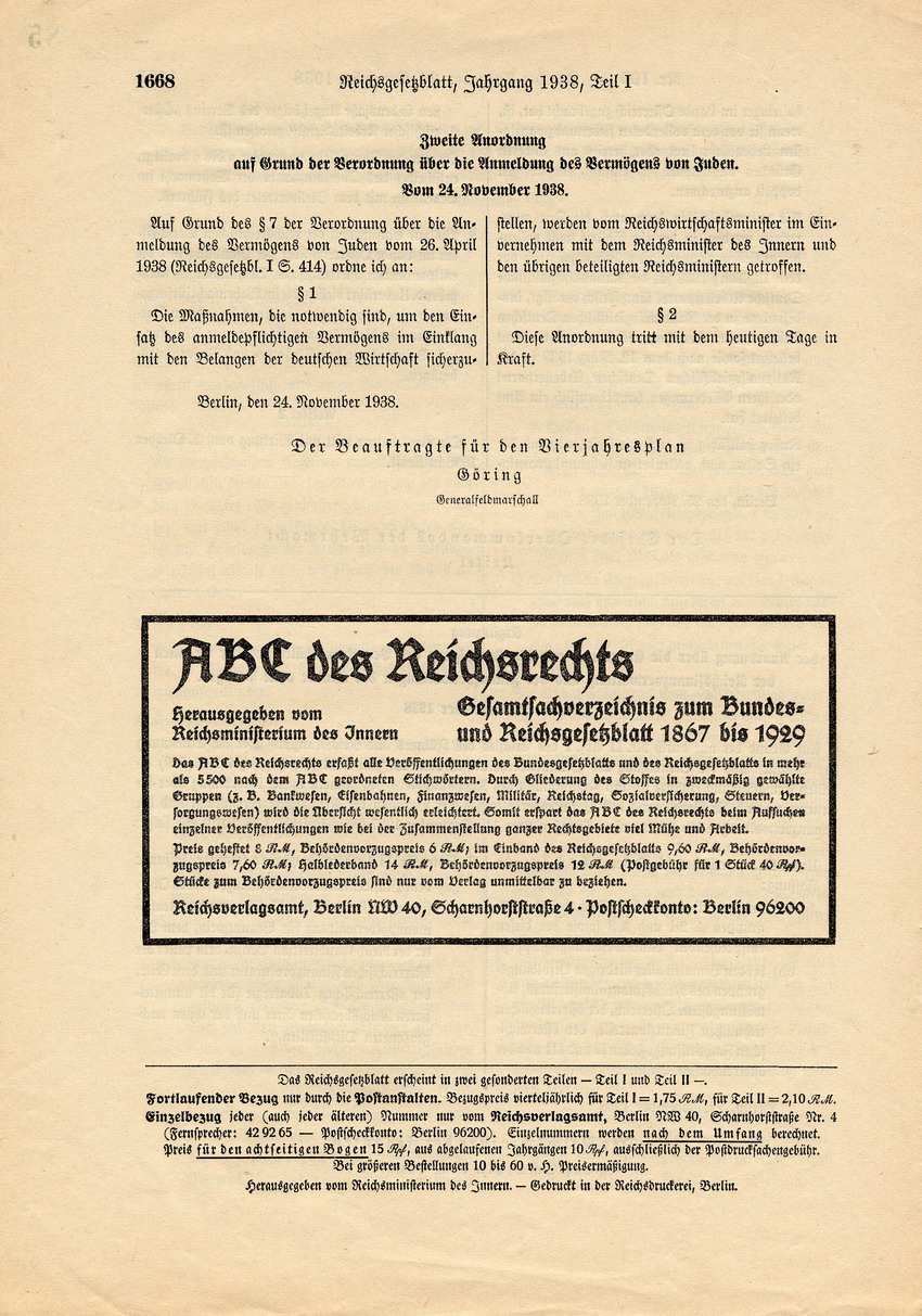 Reichsgesetzblatt Nr. 199, S. 1661 bis 1668, ausgegeben zu Berlin, 26. November 1938