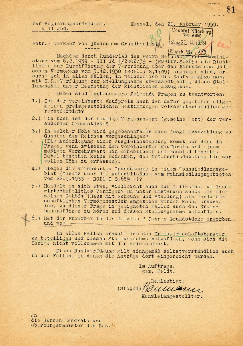 Regierungspräsident Kassel an die Landräte und Oberbürgermeister des Bezirks betreffend den Verkauf von jüdischem Grundbesitz. Kassel, 20. Februar 1939