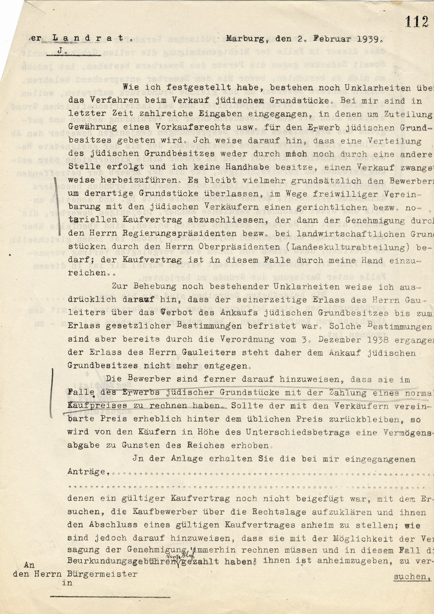 Landrat Marburg an den Bürgermeister betreffend das Verfahren beim Verkauf jüdischer Grundstücke. Marburg, 02. Februar 1939