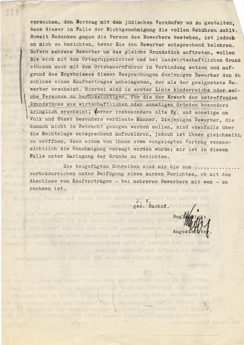 Landrat Marburg an den Bürgermeister betreffend das Verfahren beim Verkauf jüdischer Grundstücke. Marburg, 02. Februar 1939