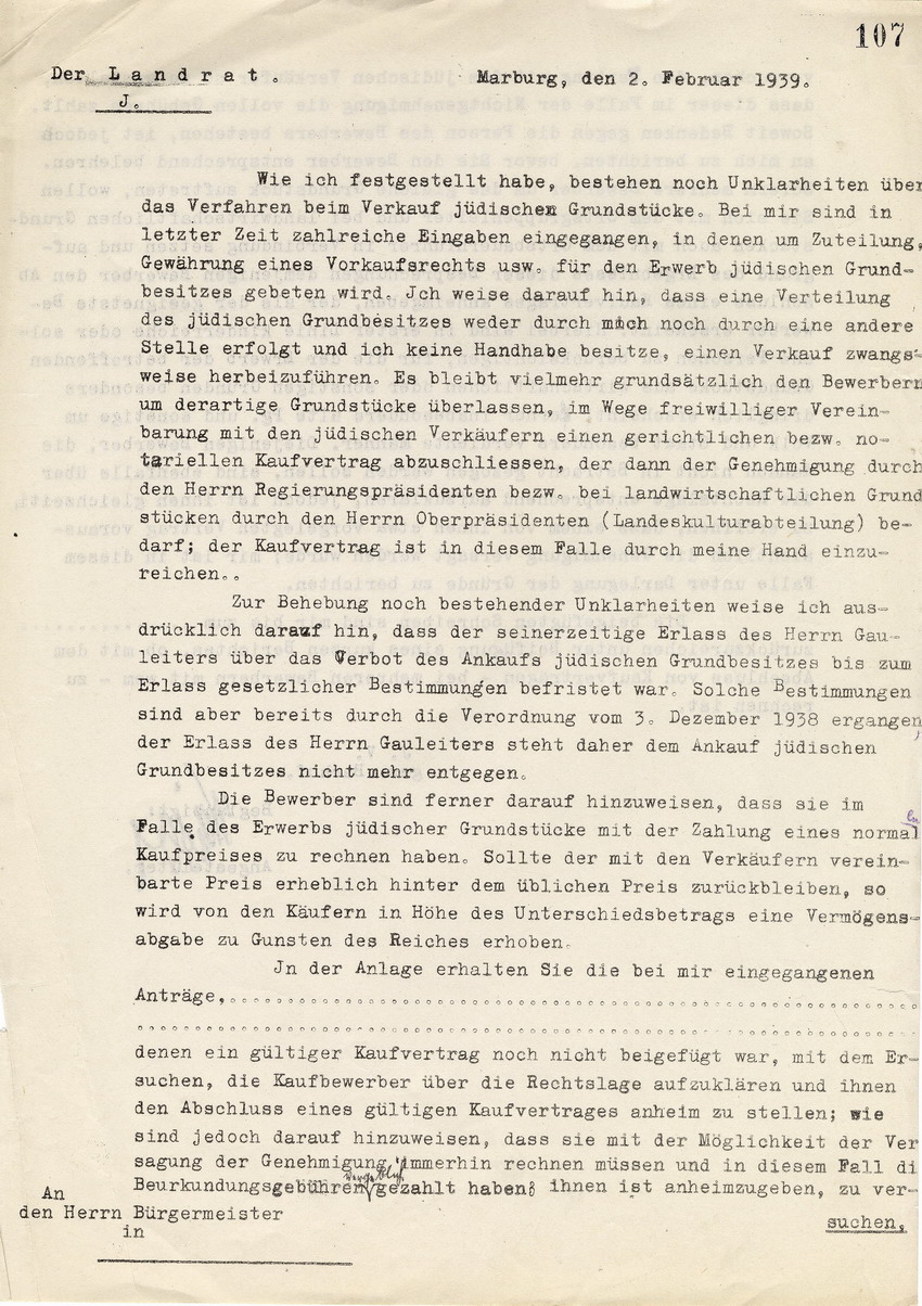Der Landrat von Marburg an den Bürgermeister in Marburg betreffend das Verfahren beim Verkauf jüdischer Grundstücke, Marburg, 02. Februar 1939